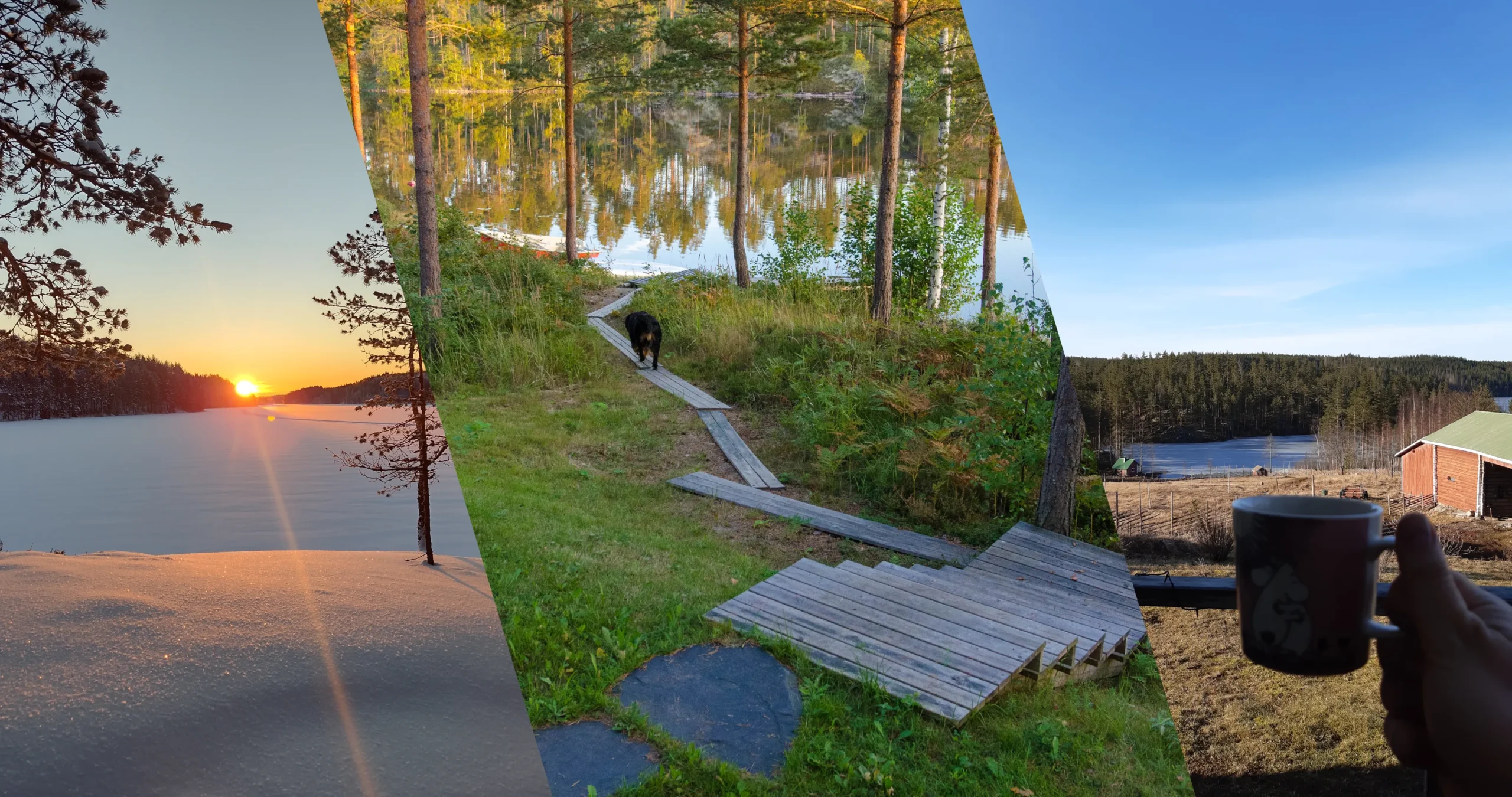 Talvinen auringonlasku järven yllä, kesäinen polku rantasaunalta laiturille ja Römmilän tilan maisemaa aamuinen kahvi kädessä.